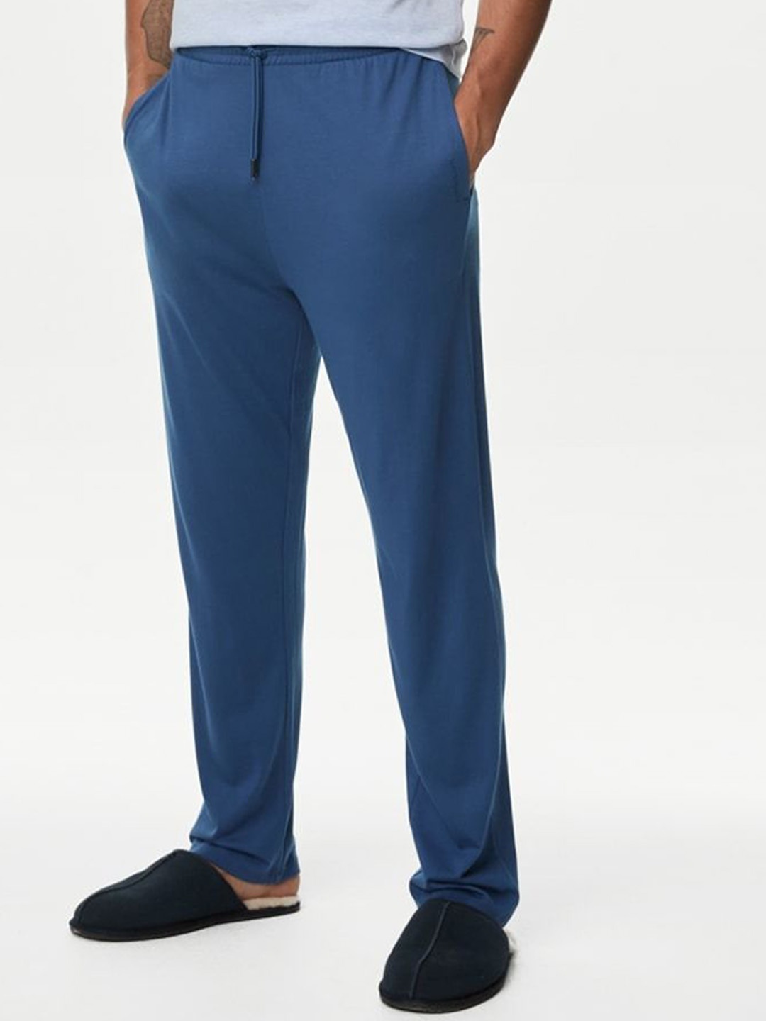 

Marks & Spencer Men Mid-Rise Straight-Leg Lounge Cotton Pants, Blue