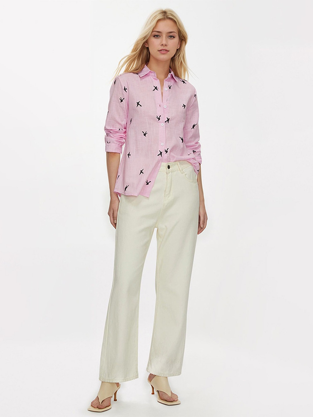 

LULU & SKY Women Spread Collar Vertical Striped Cotton Casual Shirt, Pink