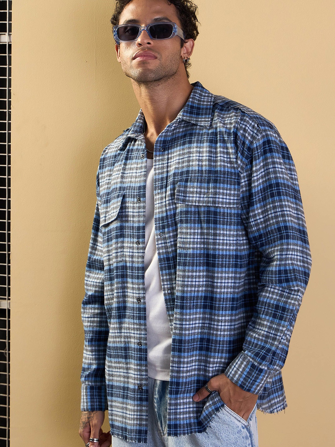 

MASCLN SASSAFRAS Men Spread Collar Tartan Checked Cotton Oversized Casual Shirt, Blue