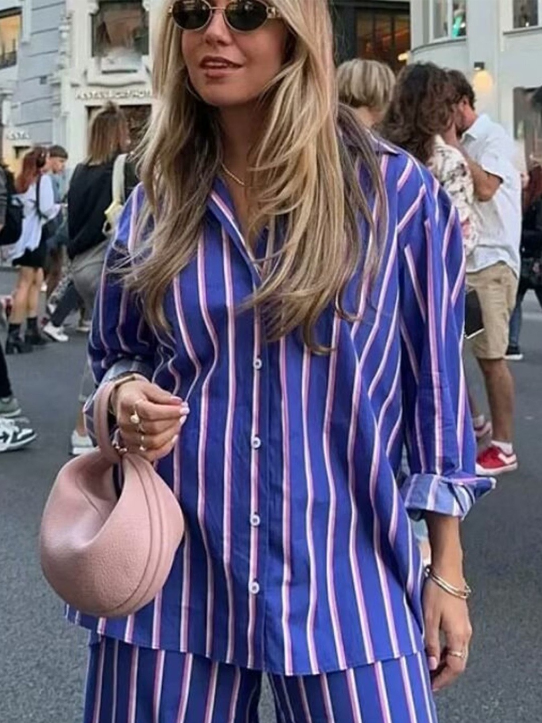 

LULU & SKY Women Spread Collar Vertical Striped Casual Shirt, Blue