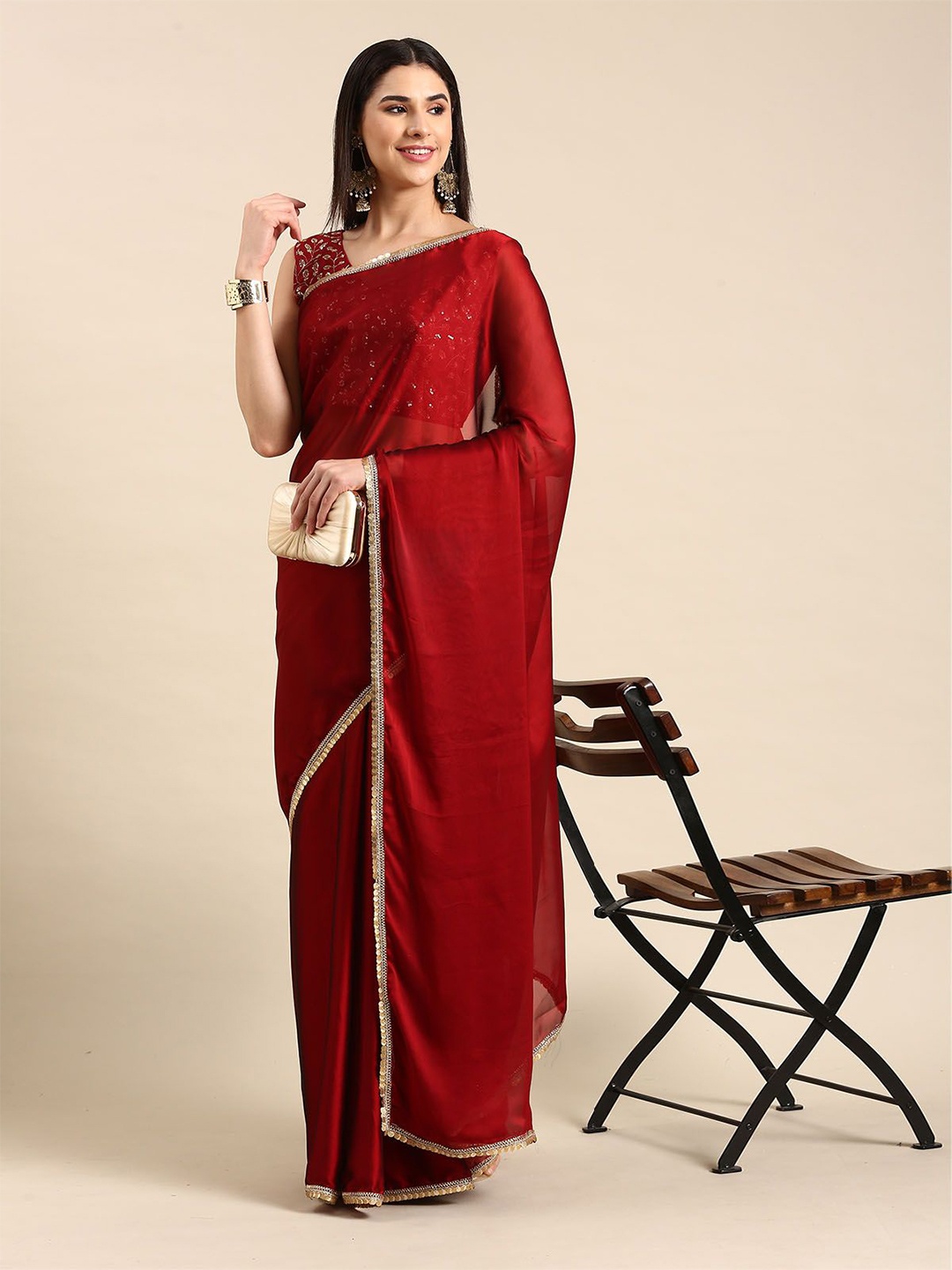 

ODETTE Embellished Saree With Unstitched Blouse, Red