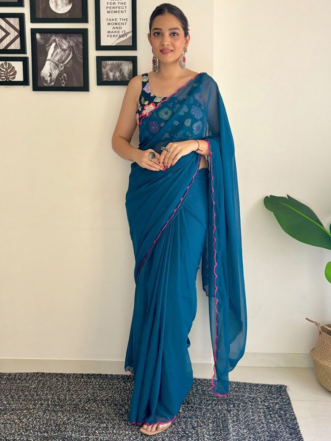 

ODETTE Solid Embroidered Saree with Blouse Piece, Navy blue