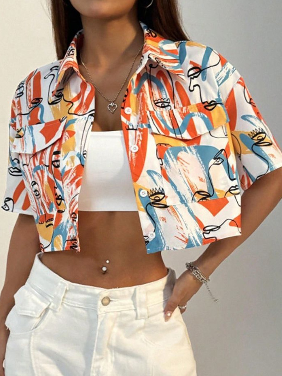 

LULU & SKY Women Spread Collar Conversational Printed Boxy Casual Shirt, Off white