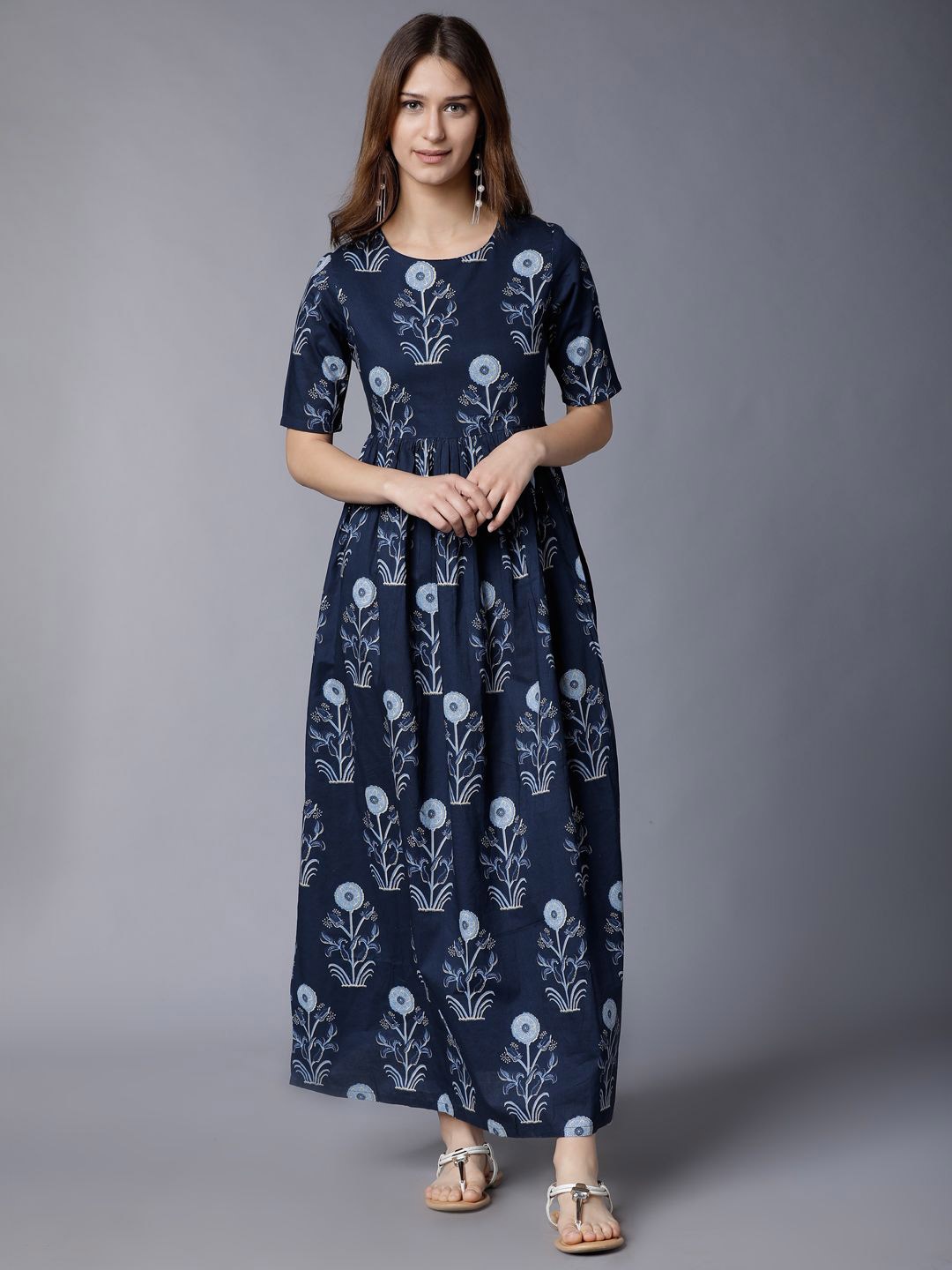 

Vishudh Women Cotton Ethnic Motifs Printed Maxi Dress, Navy blue