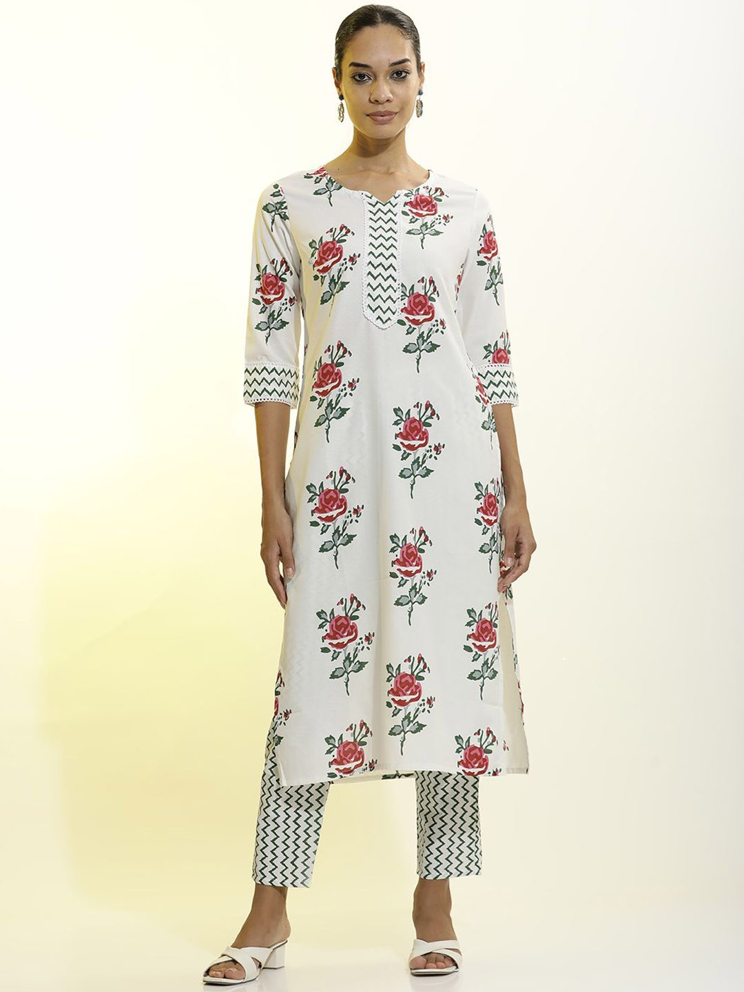 

Jaipur Kurti Floral Printed Cotton Straight Kurta Set, White