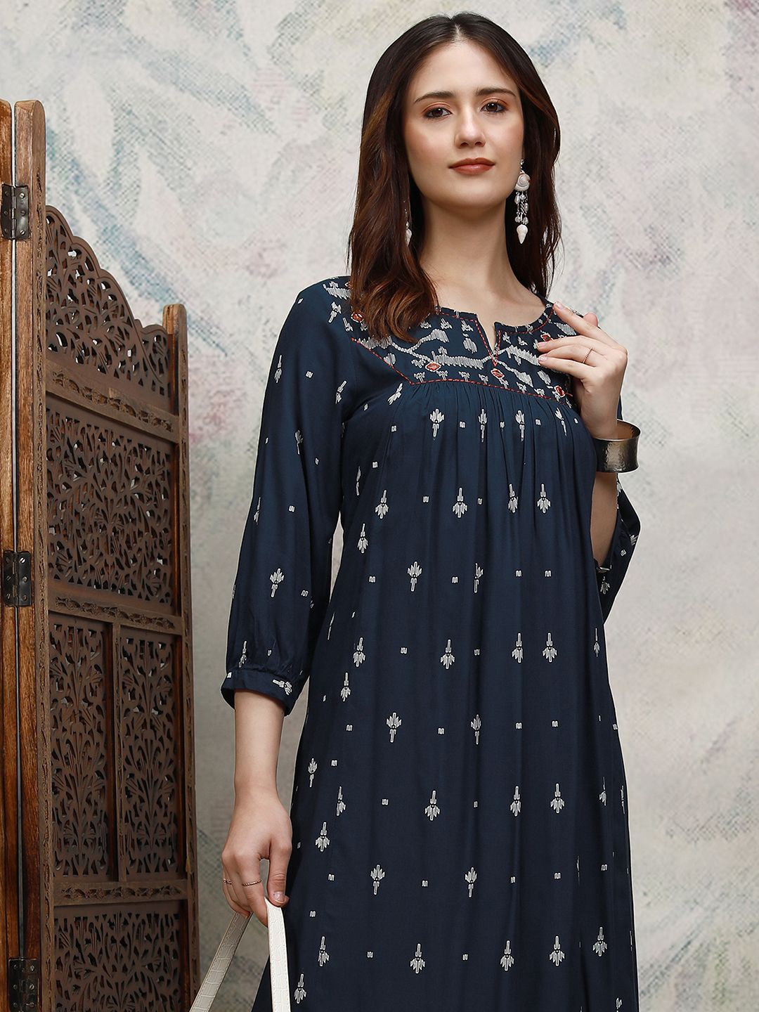 

Vishudh Women Ethnic Motifs Printed A-Line Maxi Dress, Blue