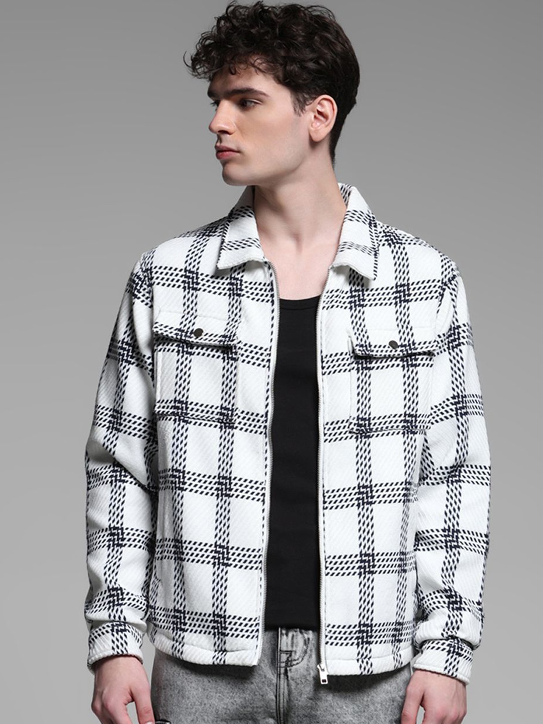 

Jack & Jones Men Spread Collar Checked Casual Open Front Jacket, White