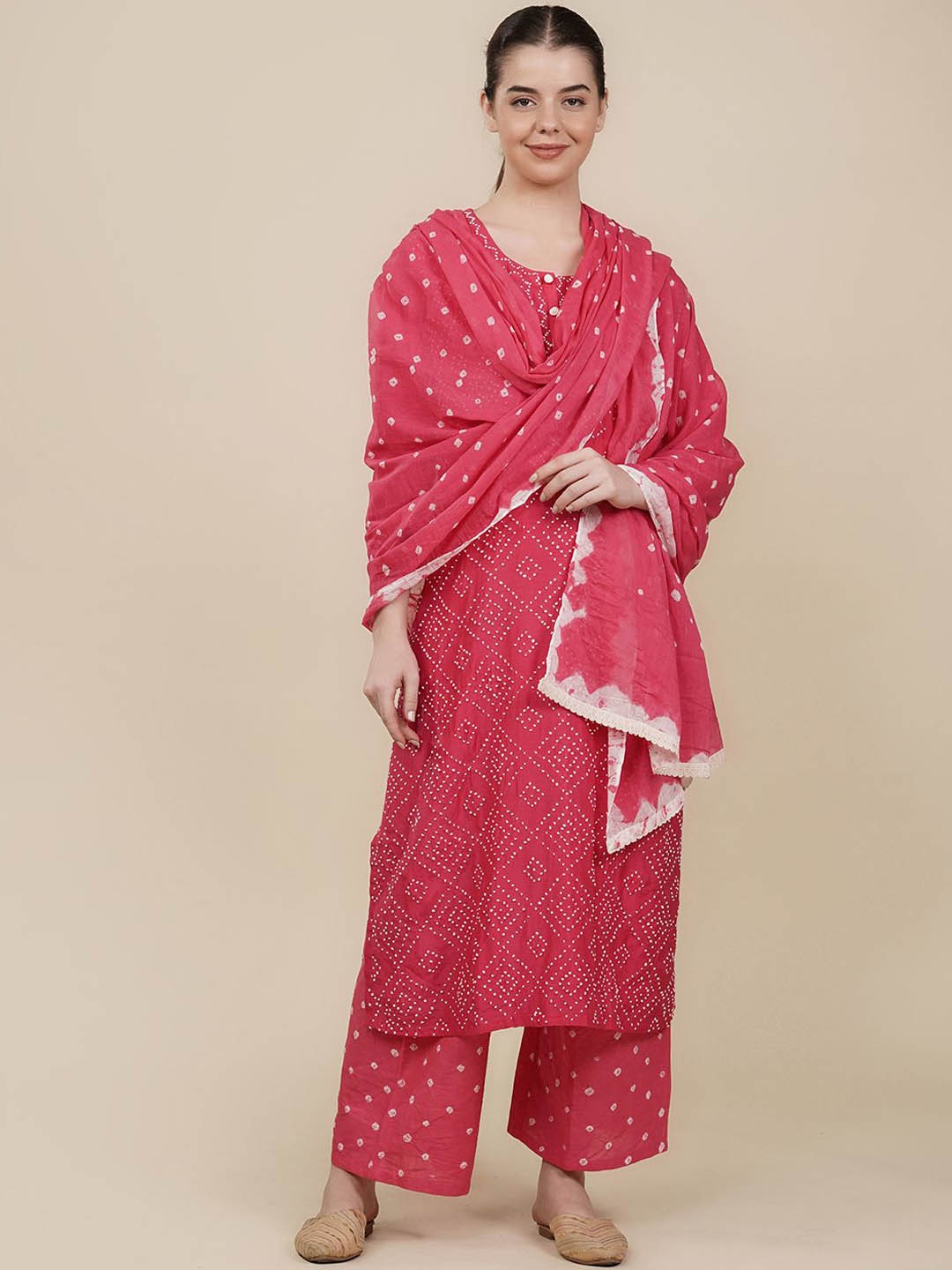 

House Of Dharaa Polka Dots Printed Straight Kurta with Trousers & Dupatta, Pink