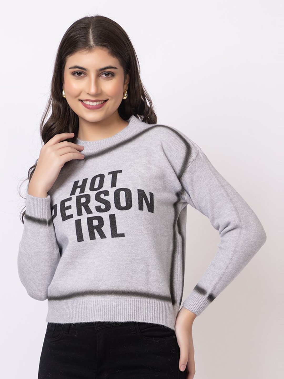 

GFO Women Self Design Typography Woollen Casual Pullover, Grey