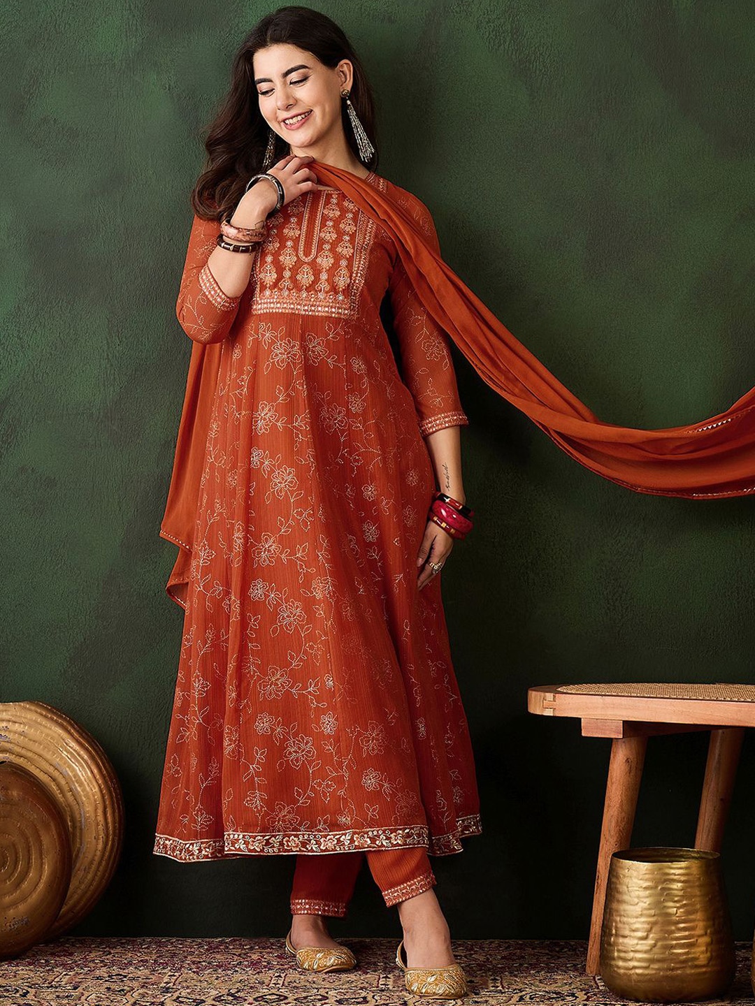 

Sangria Floral Printed Zari Anarkali Kurta With Trousers & Dupatta, Orange