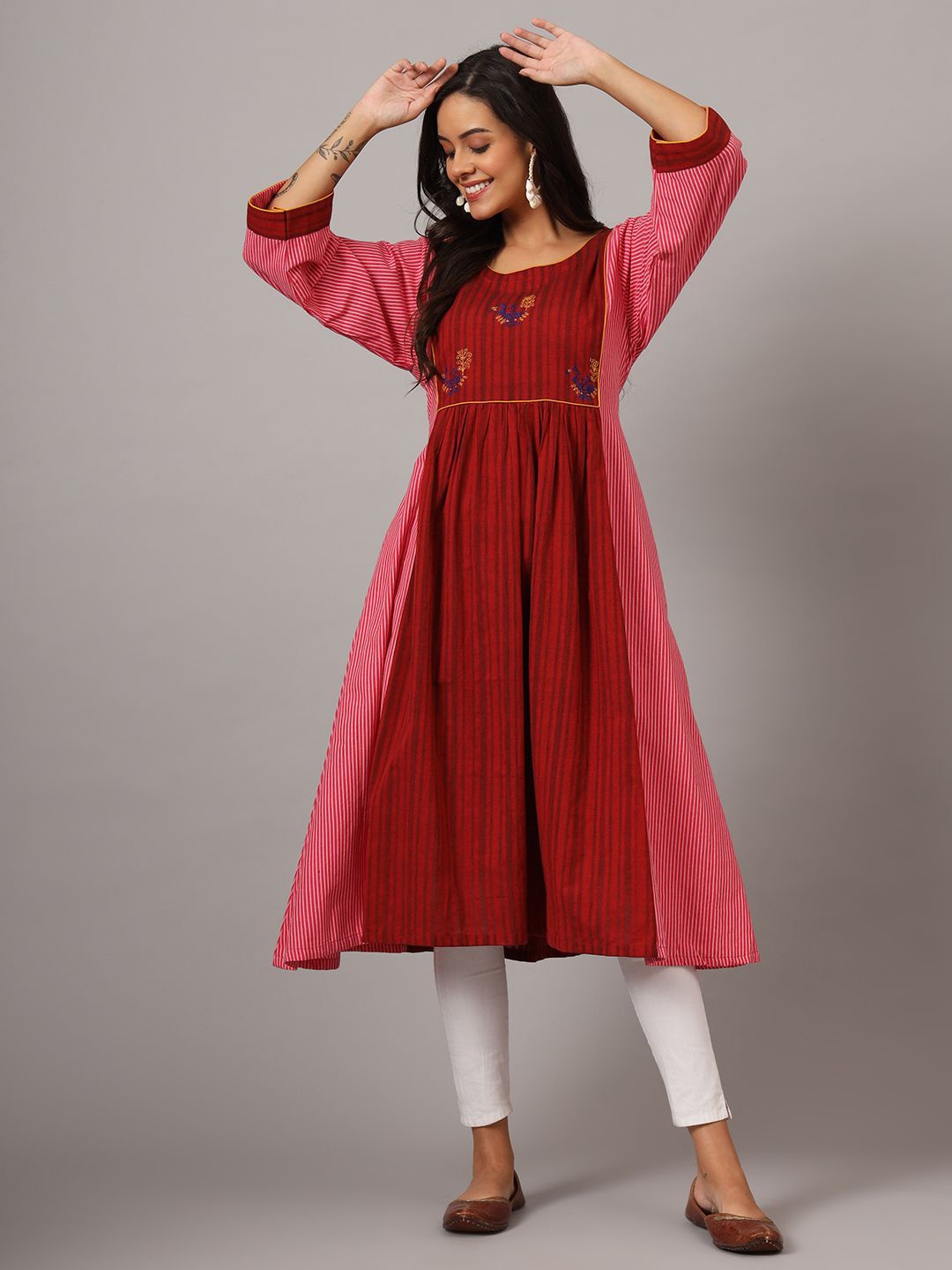 

DART STUDIO Women Striped Cotton Anarkali Kurta, Maroon