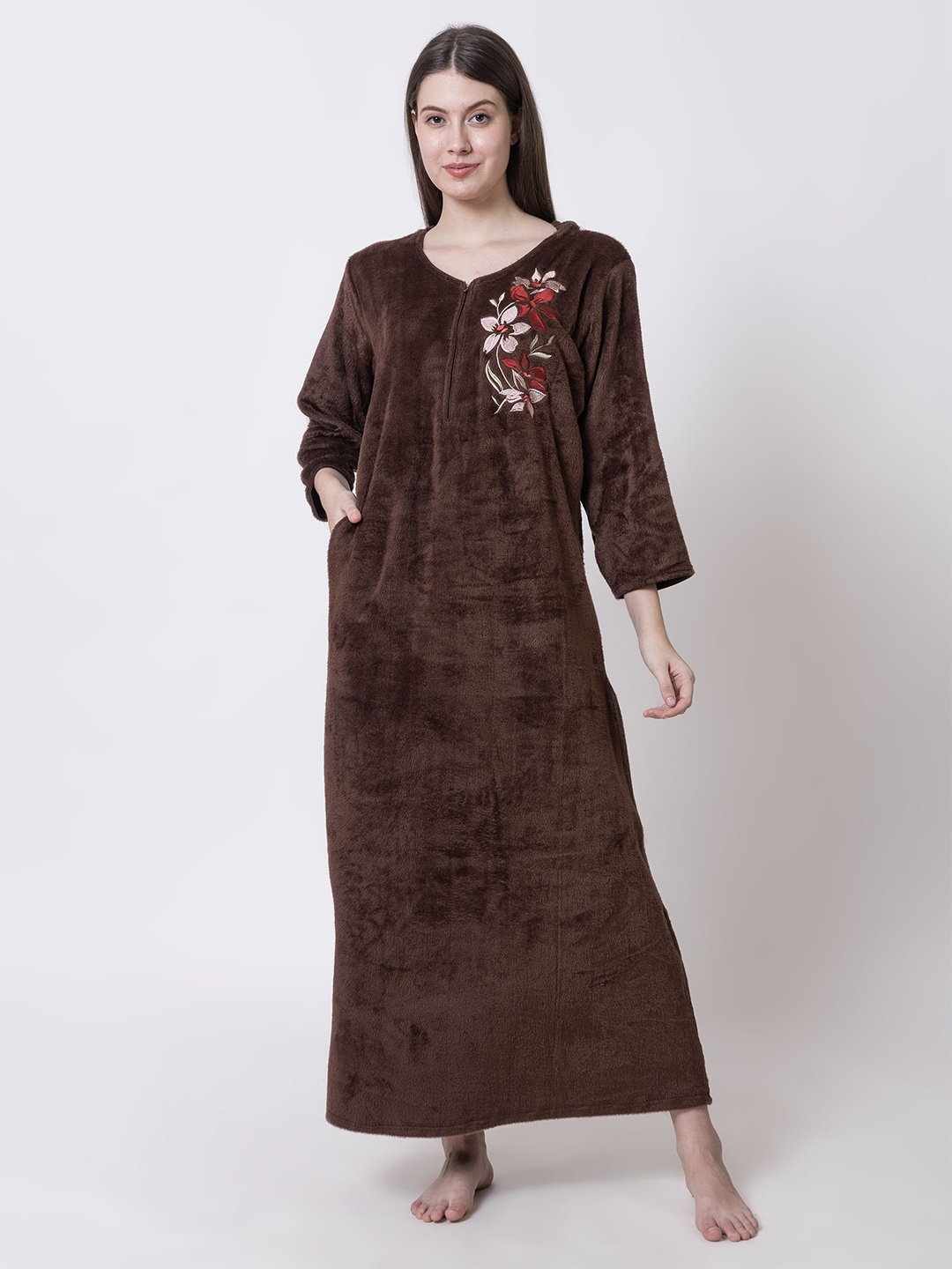 

AVYAY Women Woollen Embroidered Maxi Nightdress, Coffee brown