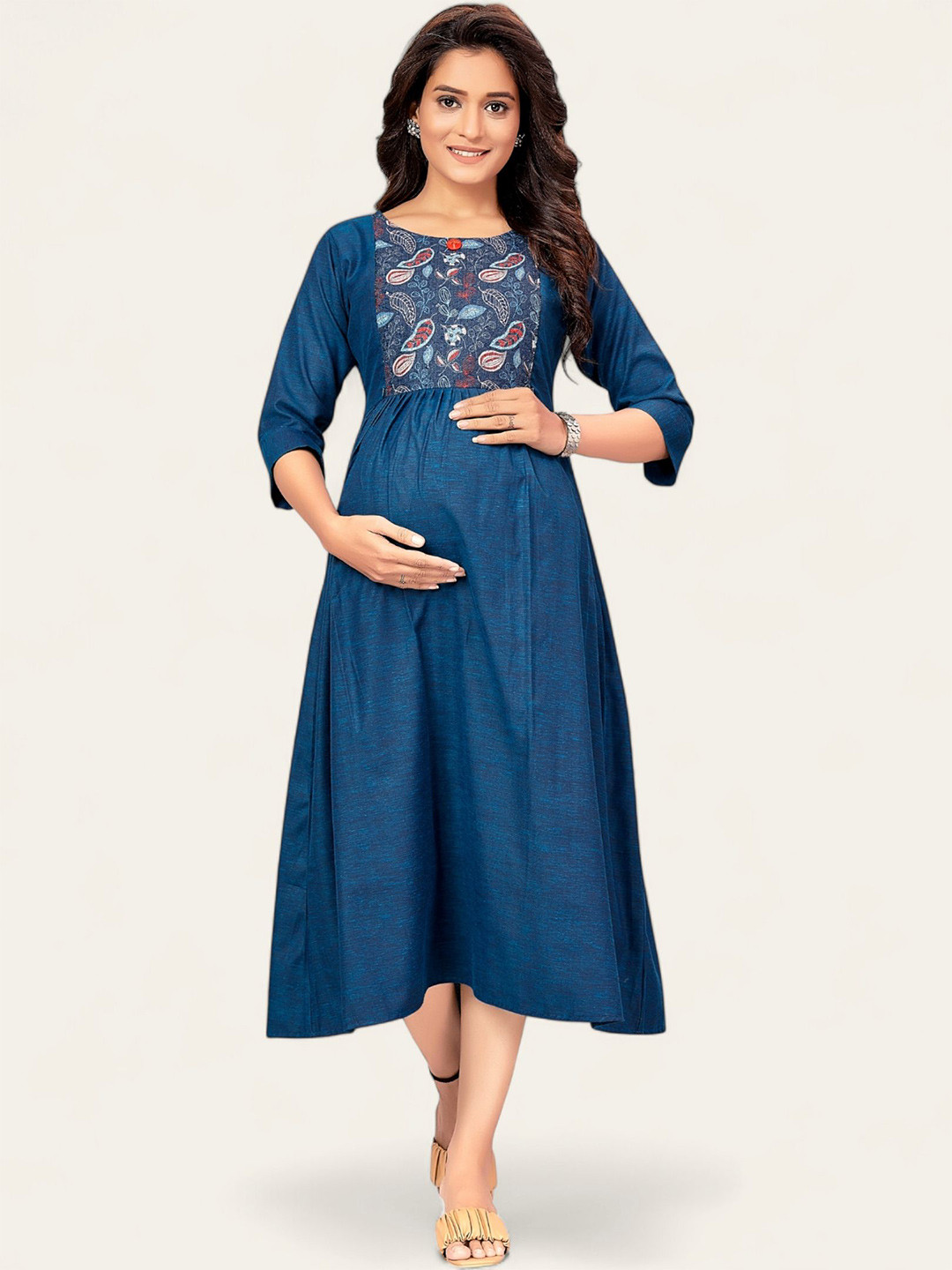 

RITIJYA Women Round Neck Maternity Fit & Flare Dress, Turquoise blue
