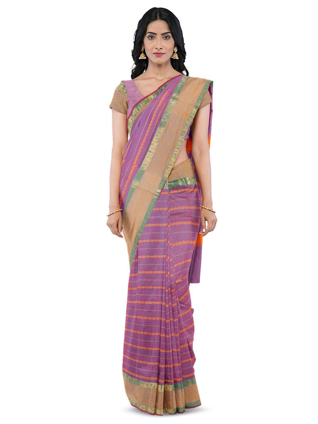 

Avishya Striped Woven Design Zari Pure Cotton Kanjeevaram Saree, Lavender