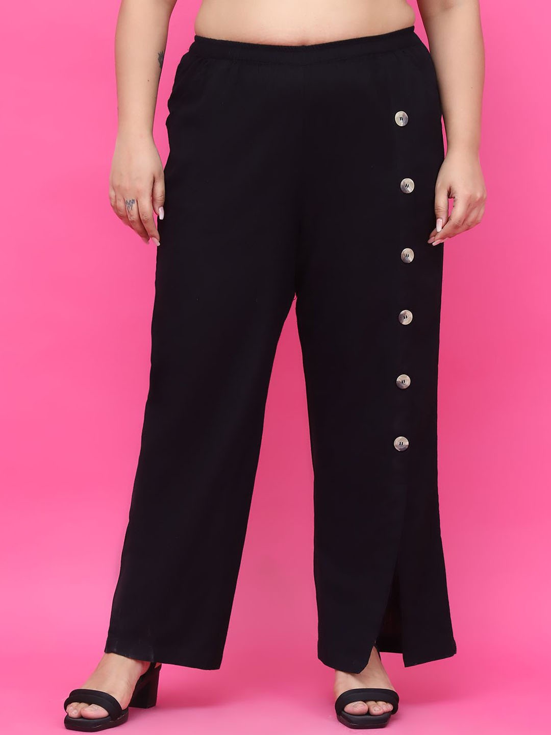 

theRebelinme Women Regular Fit Relaxed High-Rise Trousers, Black