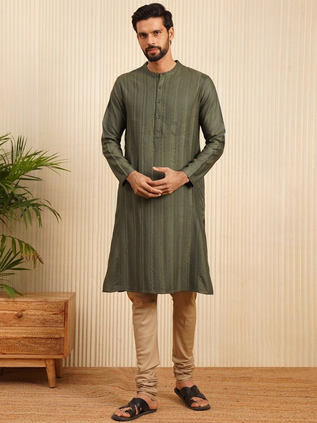 

JAYPORE Striped Band Collar Cotton Straight Kurta, Green