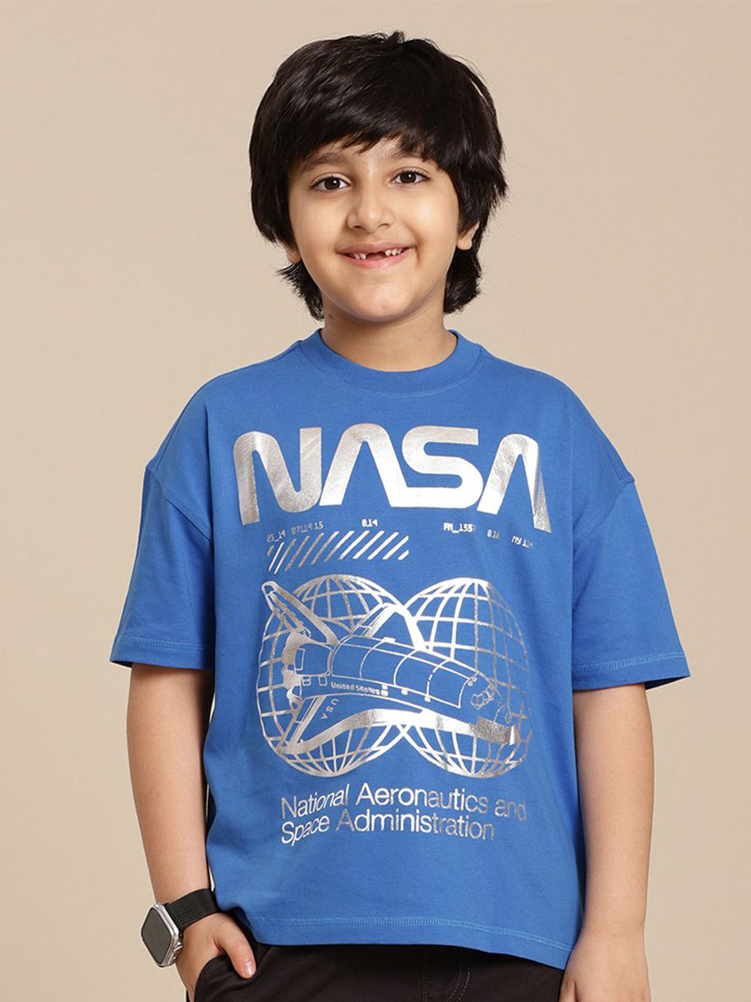 

Kids Ville Boys NASA Graphic Printed Round Neck Cotton Oversized T-shirt, Blue