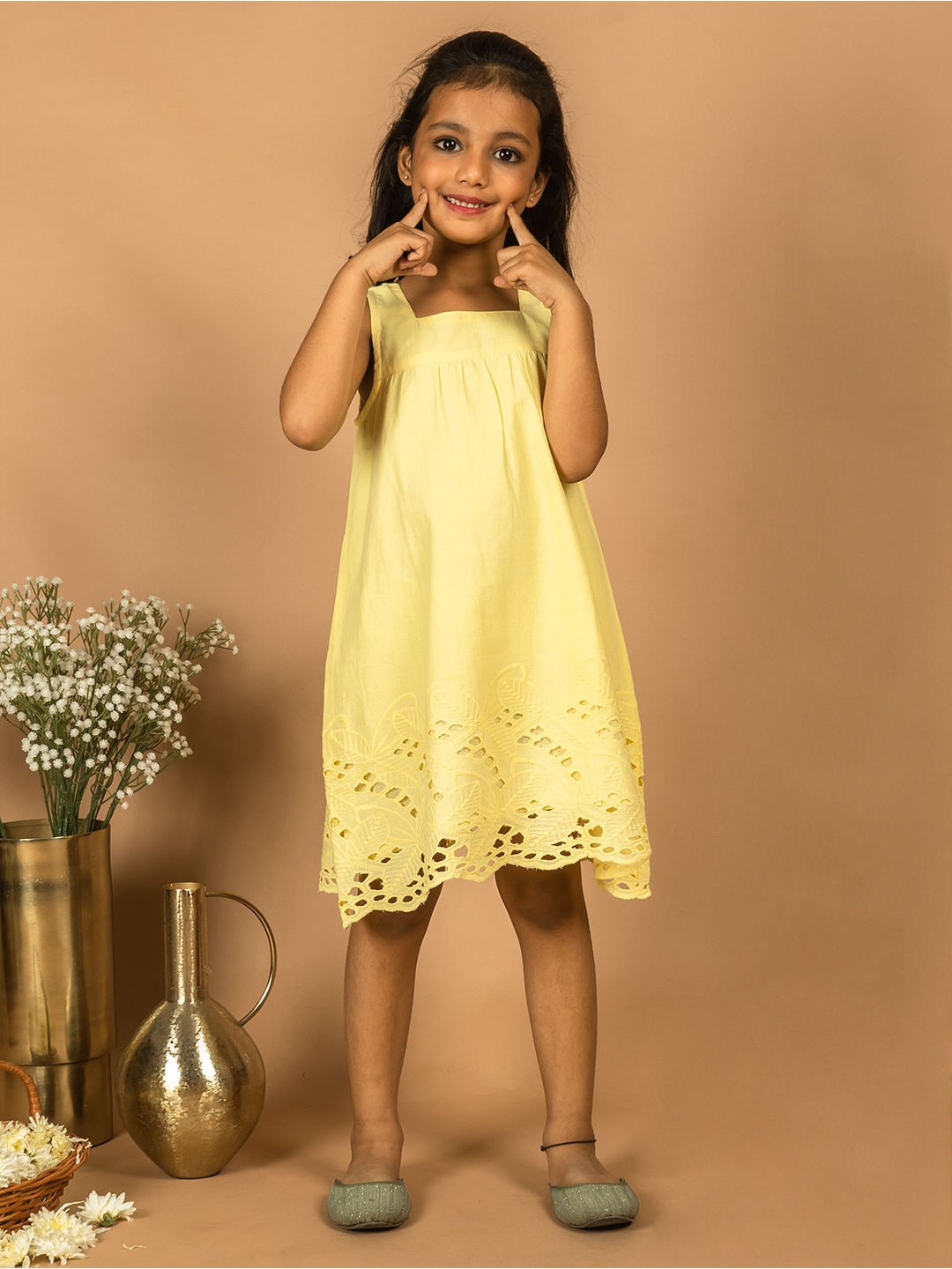 

KASYA Girls Square Neck Cotton A-Line Schiffli Dress, Yellow