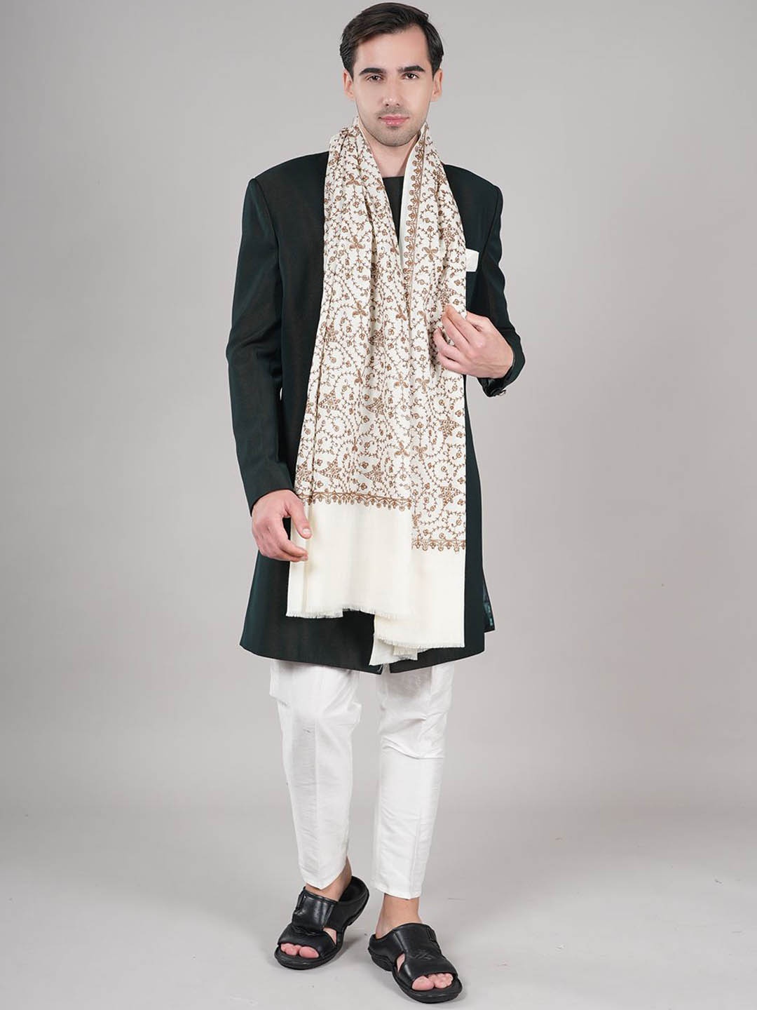 

MUFFLY Floral Embroidered Thread Work Large Pure Wool Shawl, White