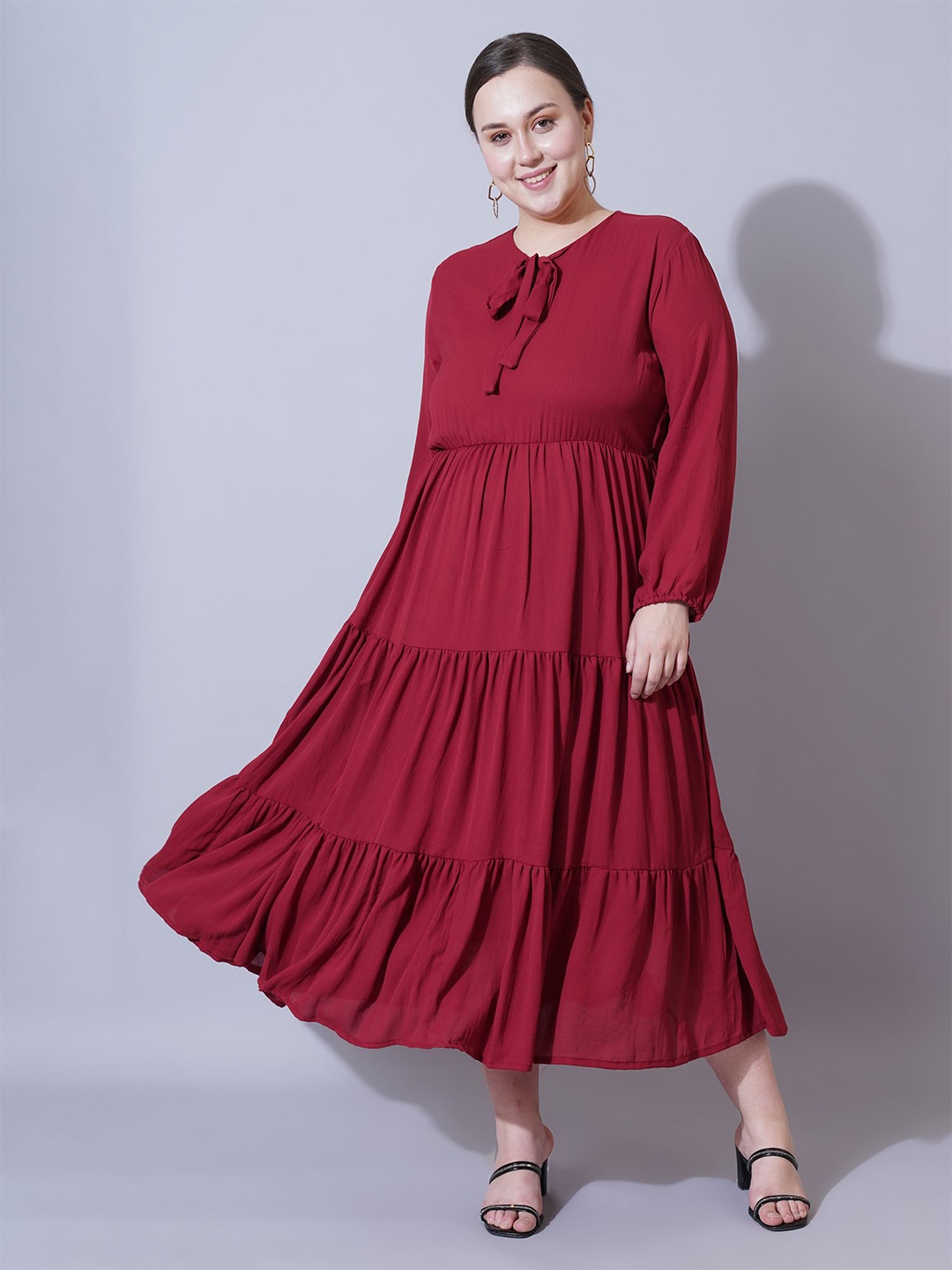 

U&F Beyond Women Tie-Up Neck Puff Sleeve Fit & Flare Midi Dress, Maroon