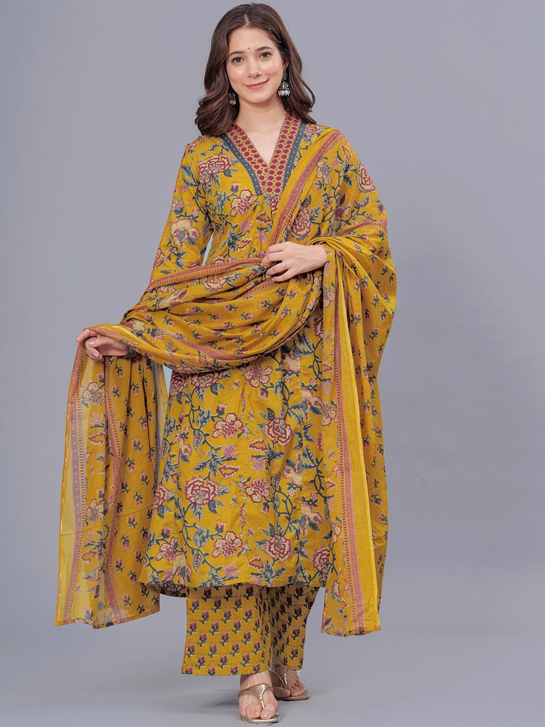 

Arayna Floral Printed Pure Cotton Straight Kurta With Palazzos & Dupatta, Mustard