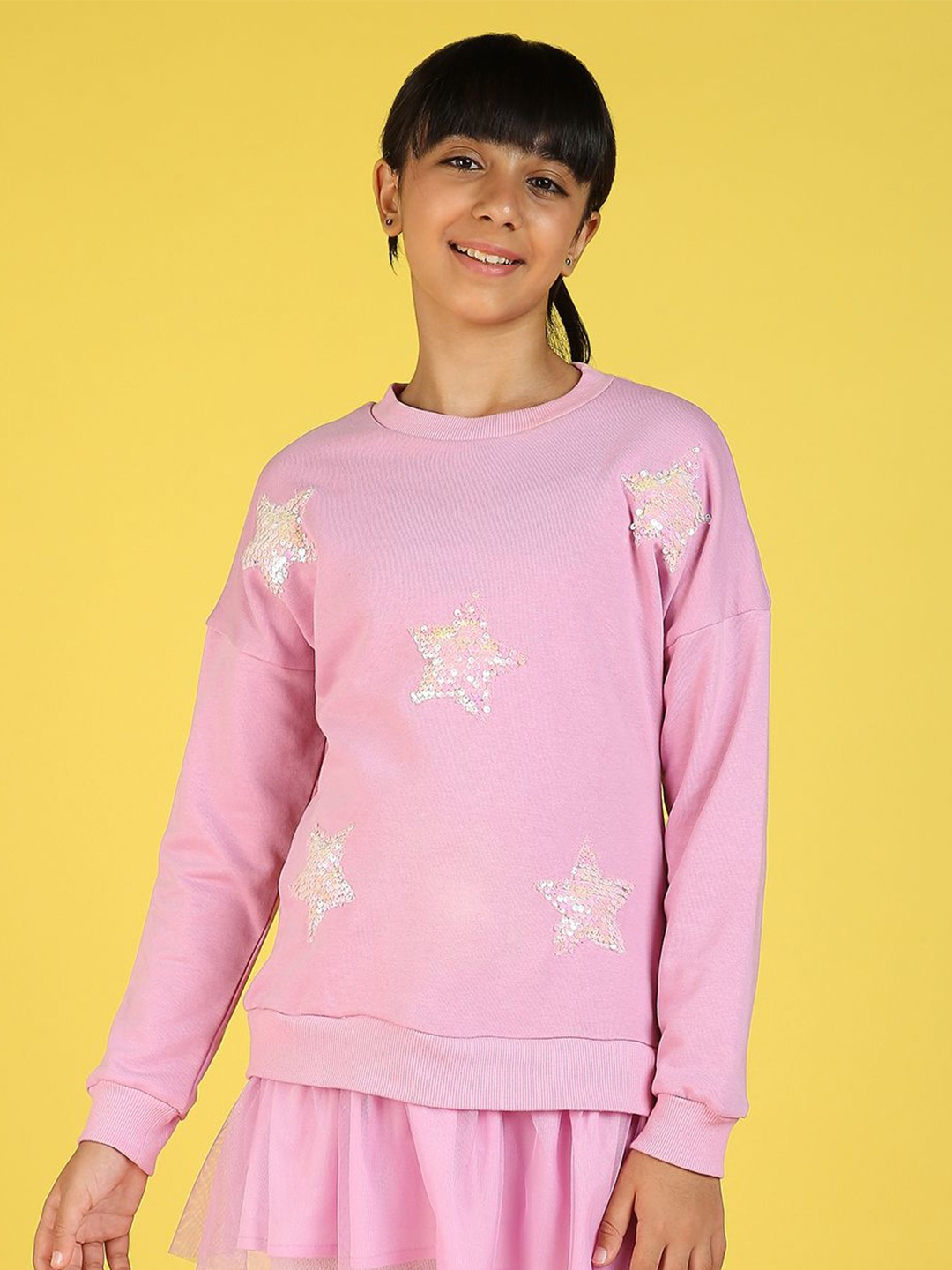 

Nauti Nati Girls Embellished Round Neck Pullover Sweatshirt with Skirt Detail, Pink