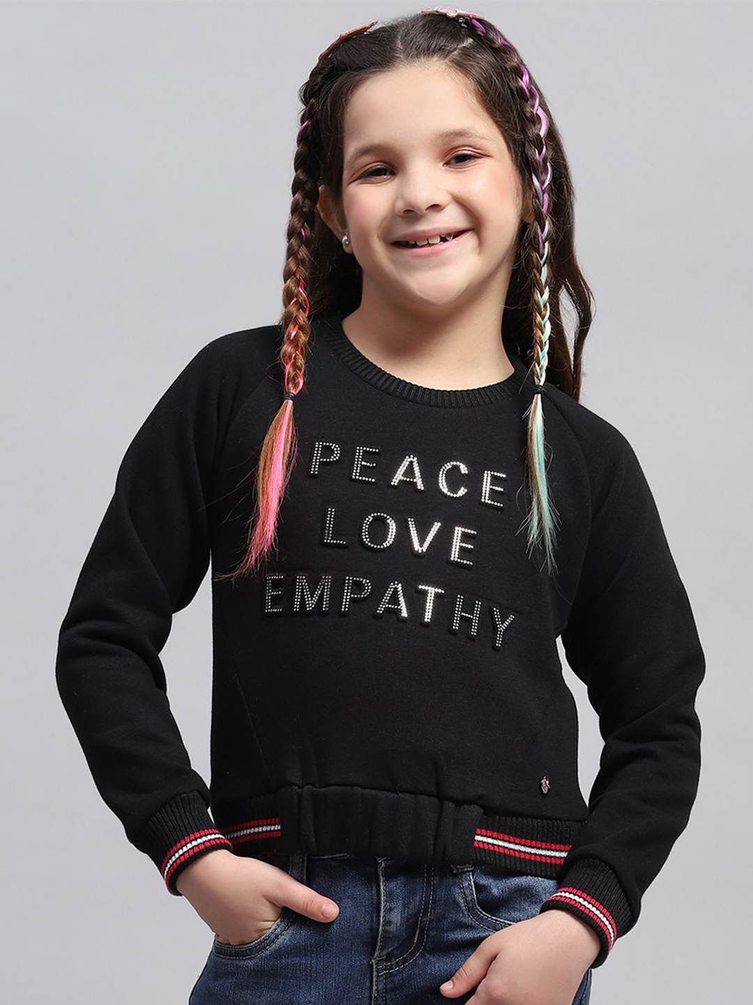 

Monte Carlo Girls Printed Round Neck Full Sleeve Cotton Sweatshirt, Black
