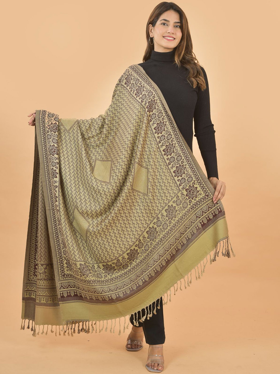 

BAISA Floral Woven Design Mukaish Work Shawl, Khaki