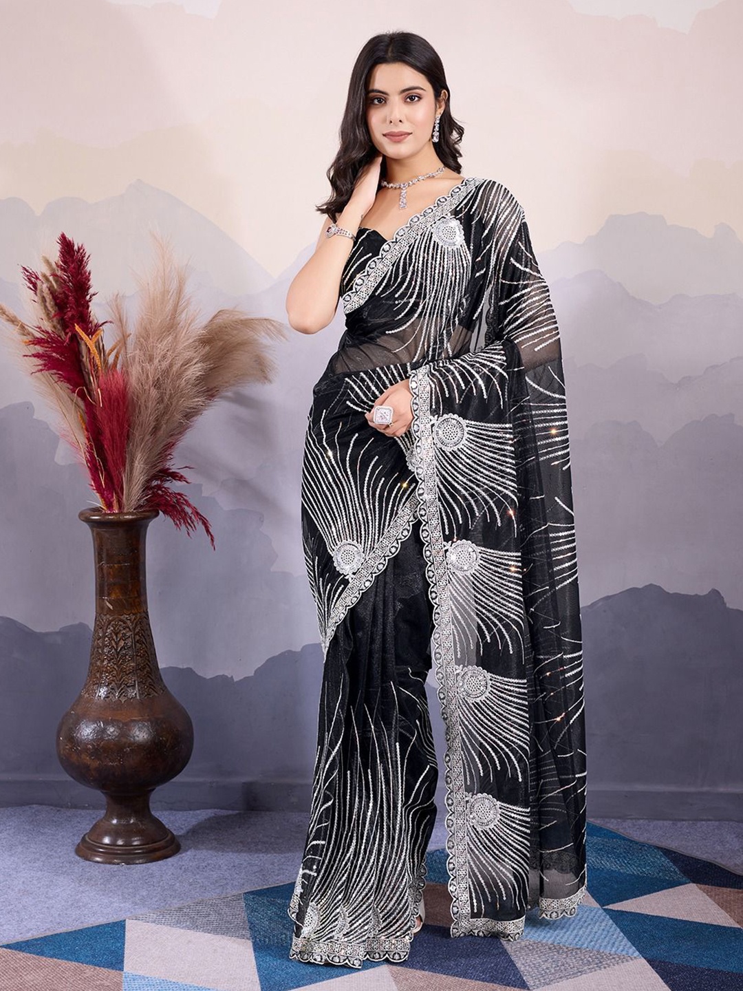 

VenderVilla Floral Embroidered Supernet Saree With Blouse Piece, Black