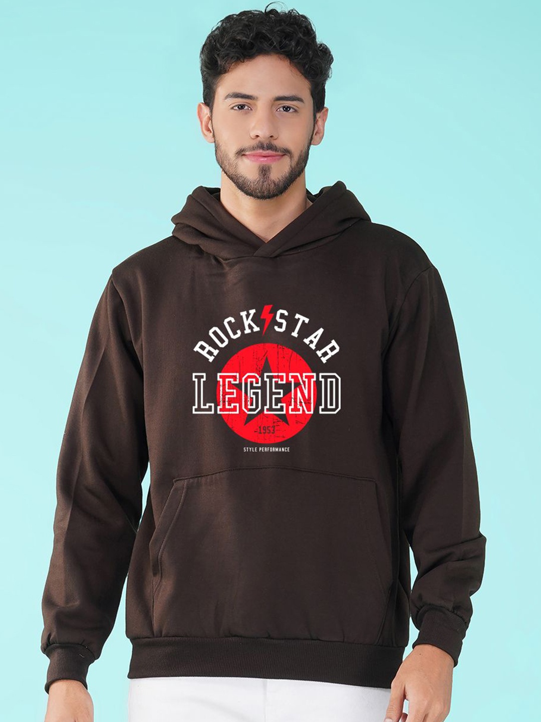 

NUSYL Men Printed Hooded Kangaroo Pocket Sweatshirt, Brown