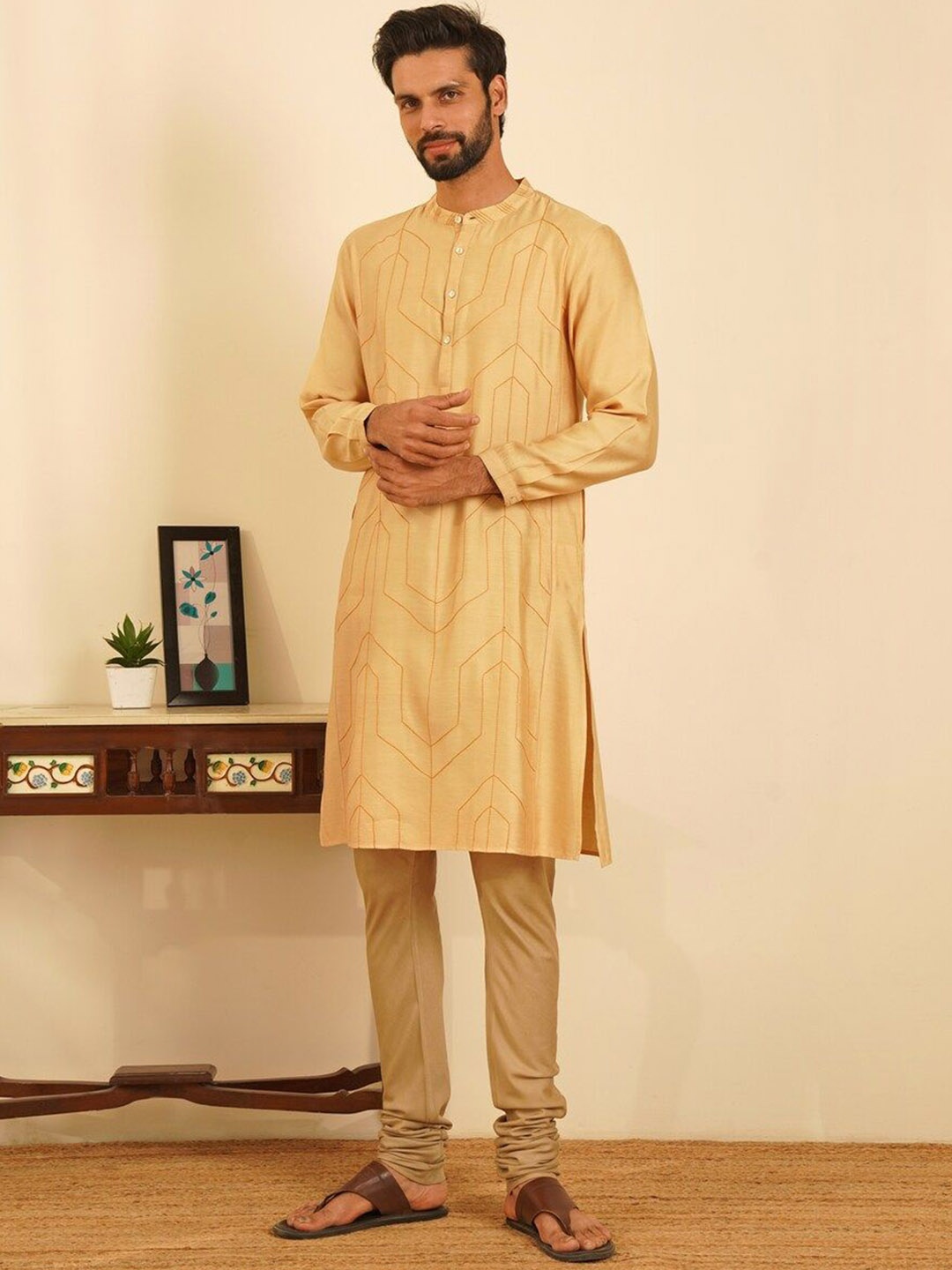 

JAYPORE Band Collar Thread Work Straight Kurta, Off white