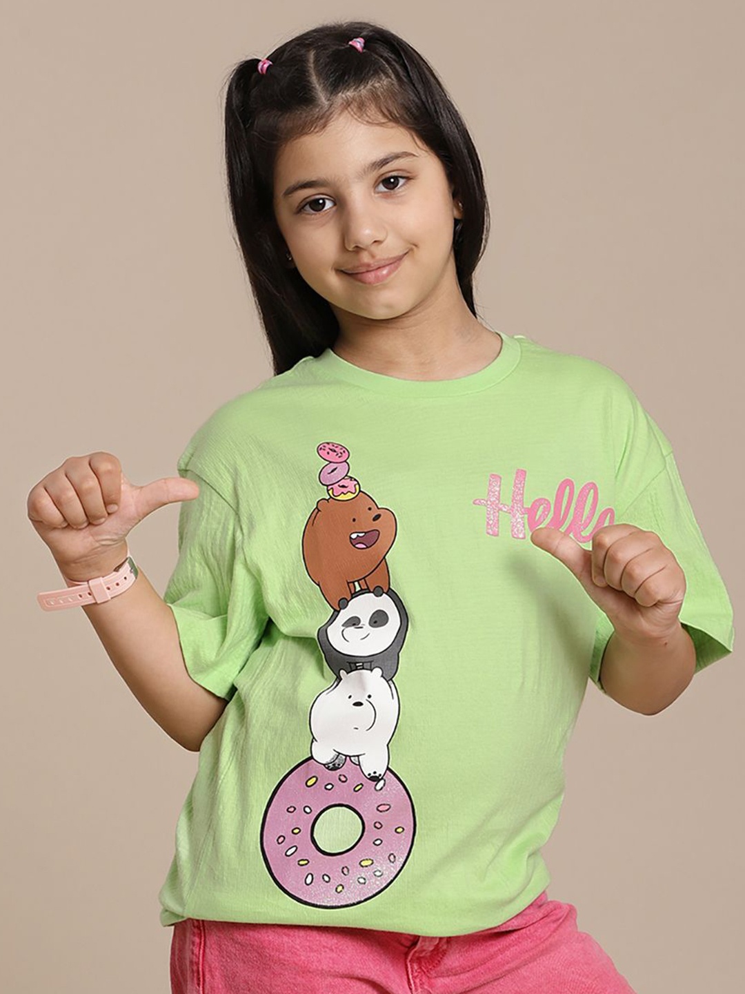 

Kids Ville Girls Graphic Printed Round Neck Cotton Relaxed Fit T-shirt, Green