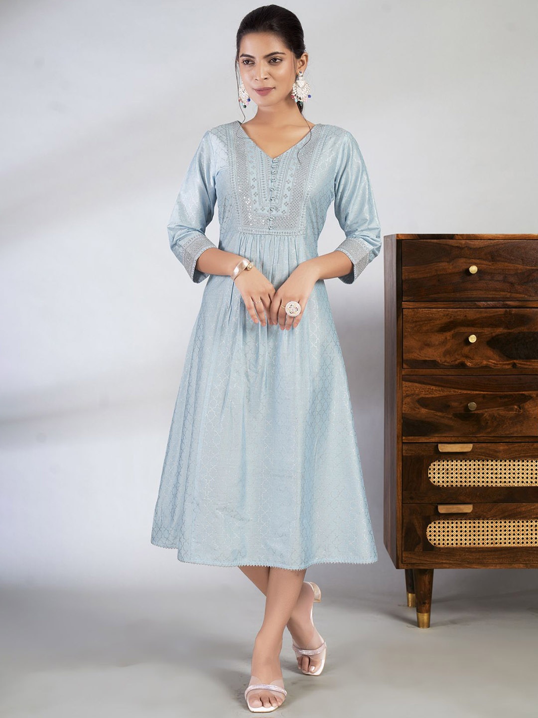 

Laxmipati Floral Embroidered V Neck A Line Dress, Blue