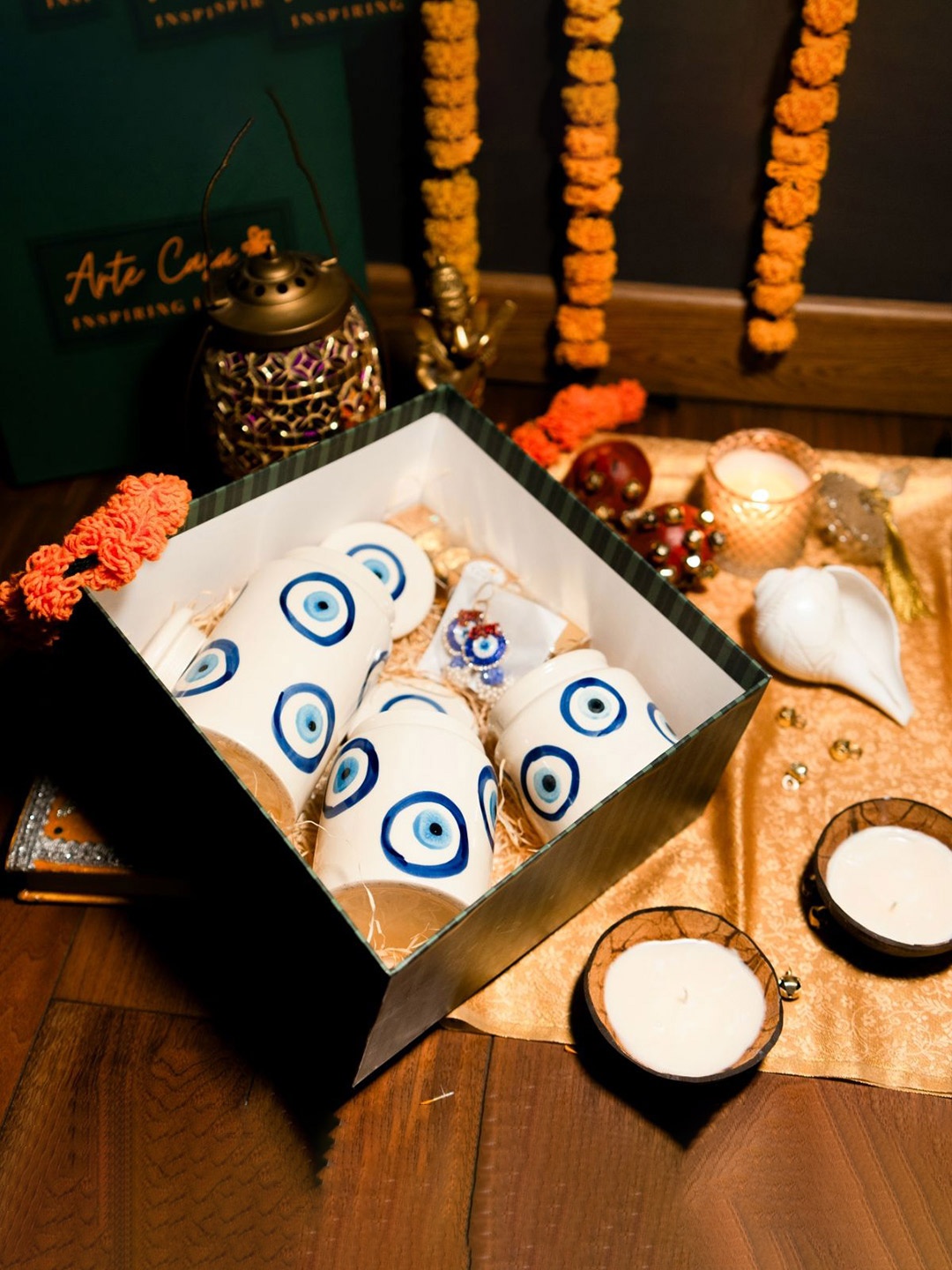 

ArteCasa Off-White & Blue 5 Pieces Printed Ceramic Diwali Home Gift Sets