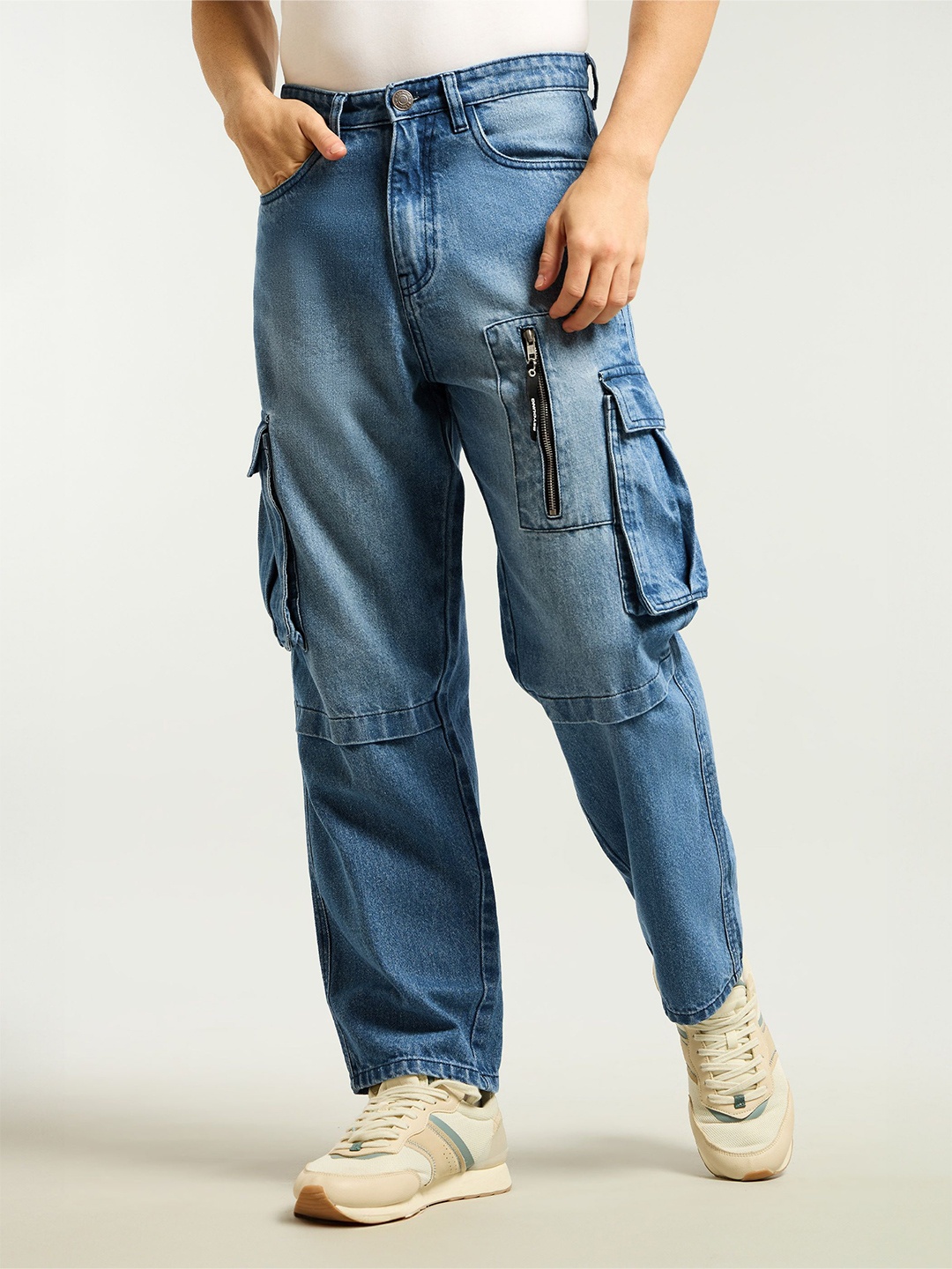 

Beyoung Men Pure Cotton Faded Cargos Trousers, Blue