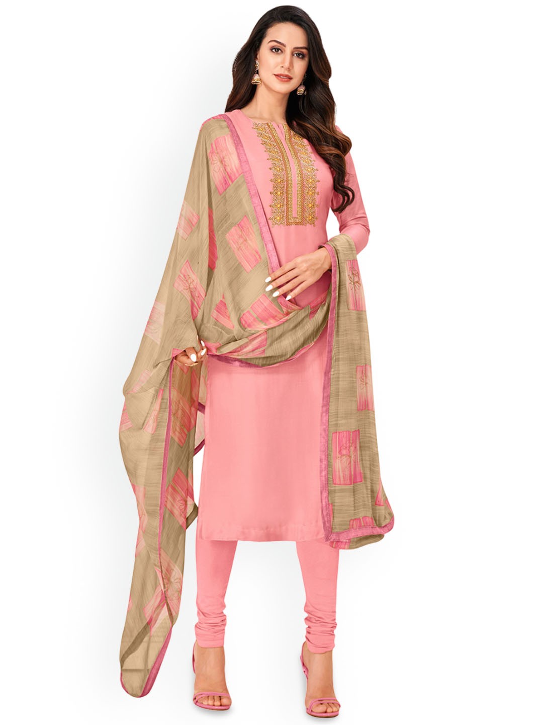 

Maroosh Floral Embellished Unstitched Dress Material, Peach