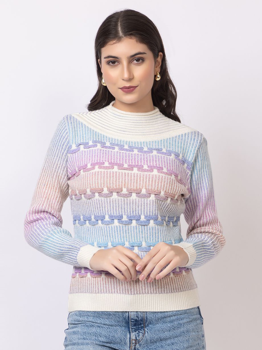 

GFO Women Self Design Woollen Pullover Sweater, Blue
