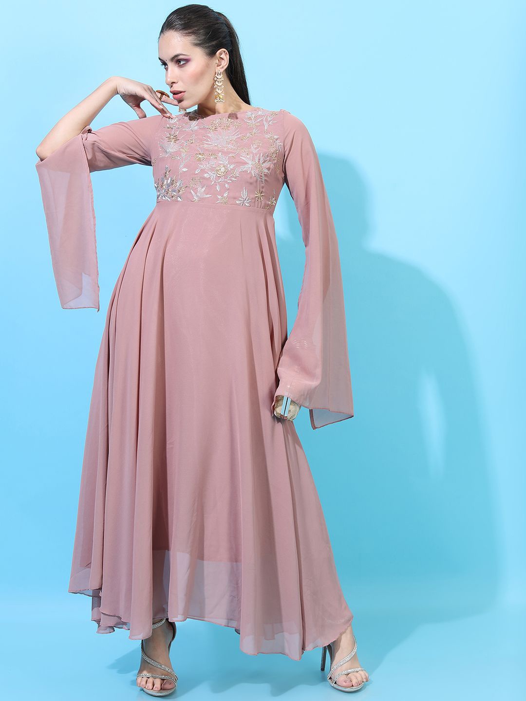 

Vishudh Women Embroidered Round Neck Maxi Dress, Pink