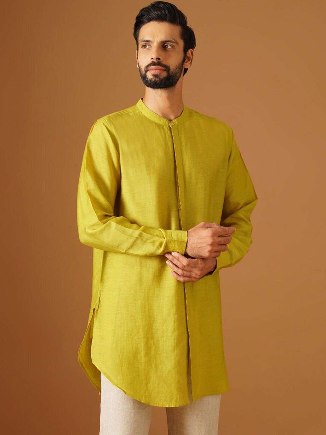 

JAYPORE Round Neck Silk Pathani Kurta, Lime green