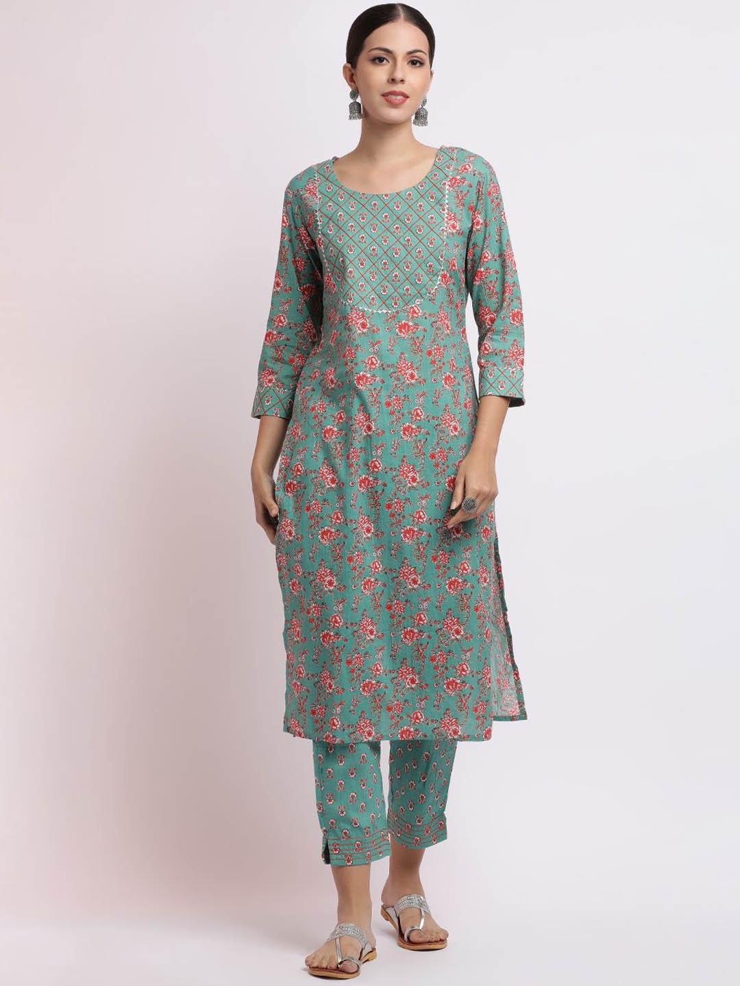 

Jaipur Kurti Floral Printed Pure Cotton Kurta Set, Turquoise blue