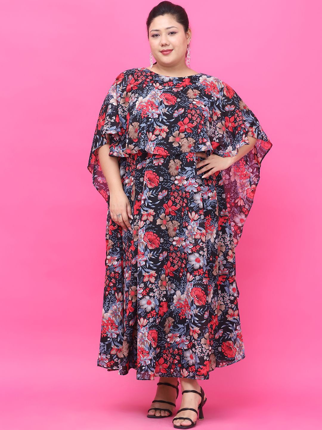 

theRebelinme Women Floral Printed Kaftan Maxi Dress, Black