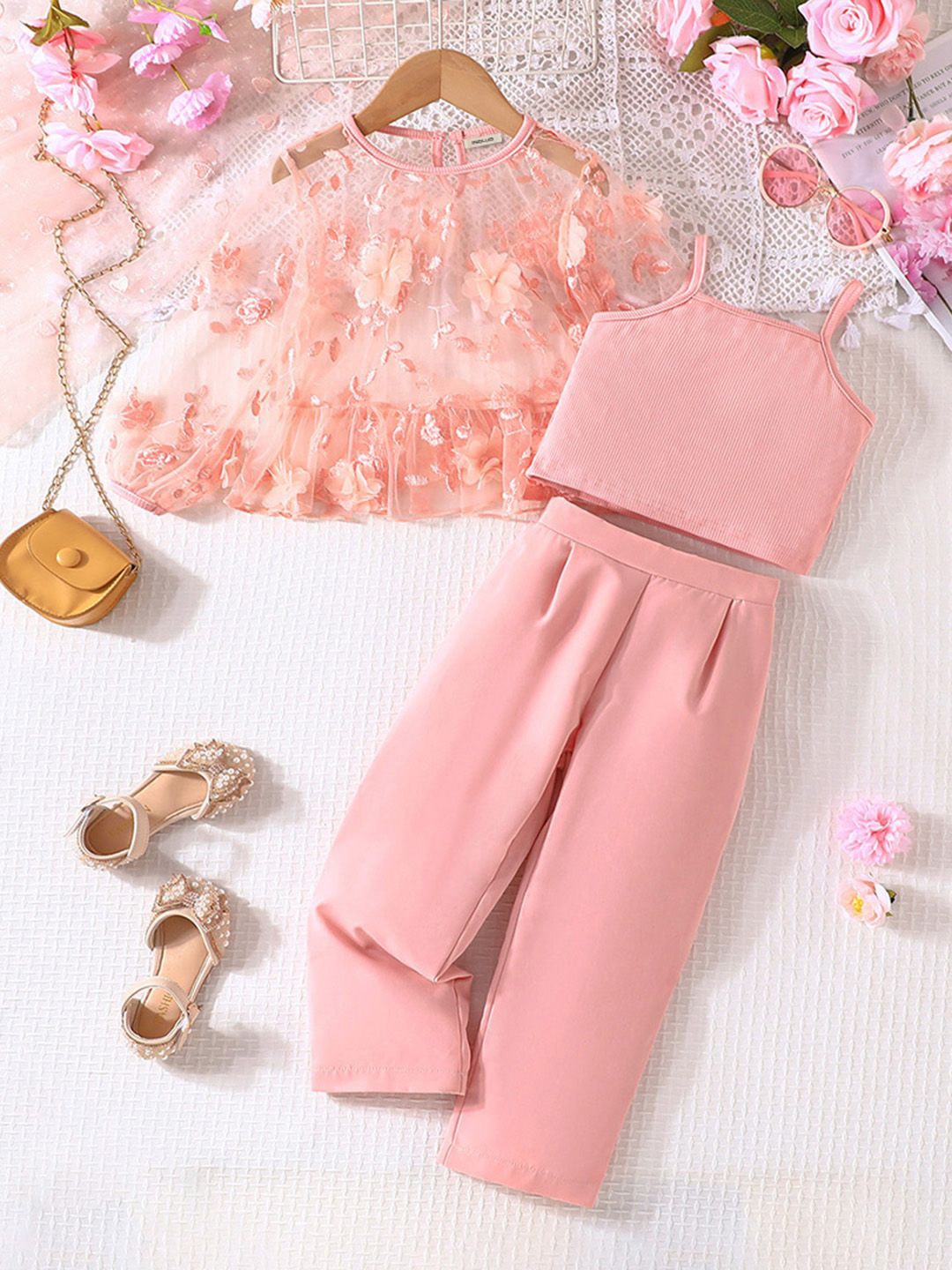 

INCLUD Girls Floral Embellished Top With Trousers, Pink