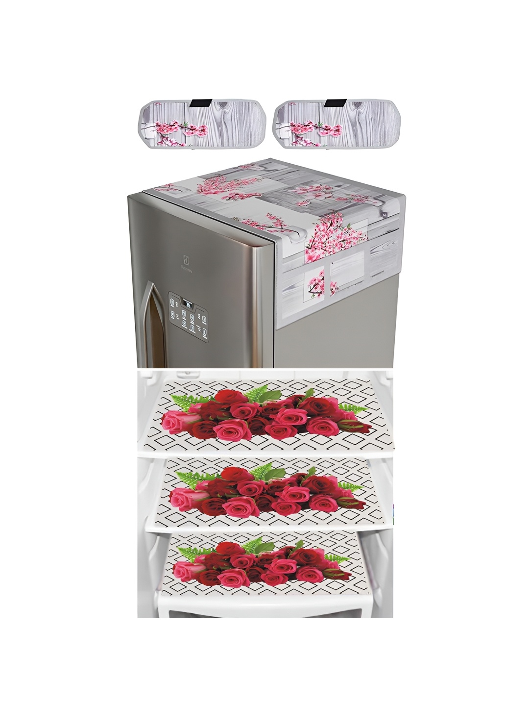 

LooMantha 6-Pcs White & Pink Printed Refrigerator Top With Handle Covers & Fridge Mats