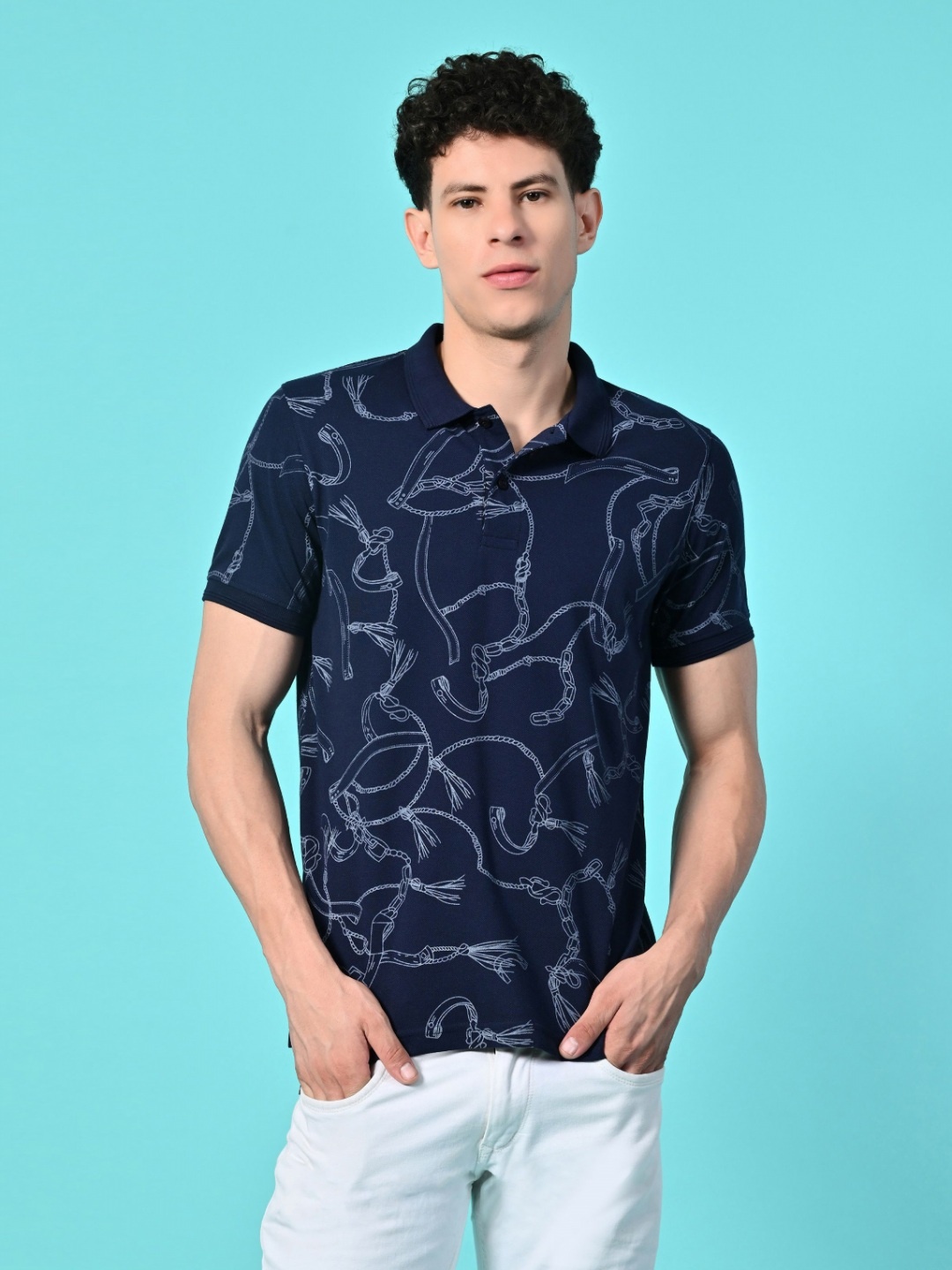 

STARFOX Men Graphic Printed Polo Collar Cotton Slim Fit T-shirt, Navy blue