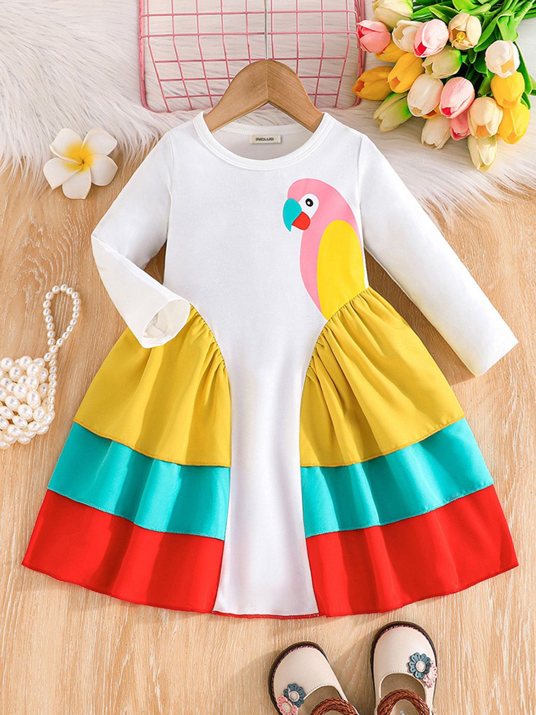 

INCLUD Girls Colourblocked Cotton Fit & Flare Dress, White