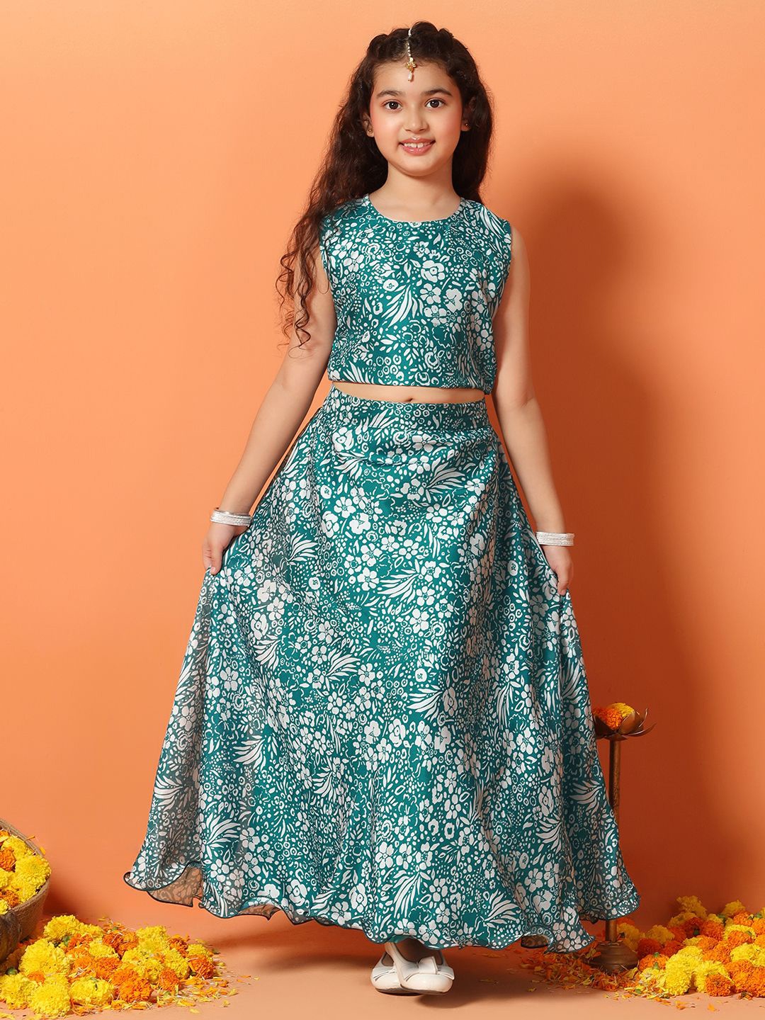 

FASHION DREAM Girls Printed Ready to Wear Lehenga & Blouse, Blue