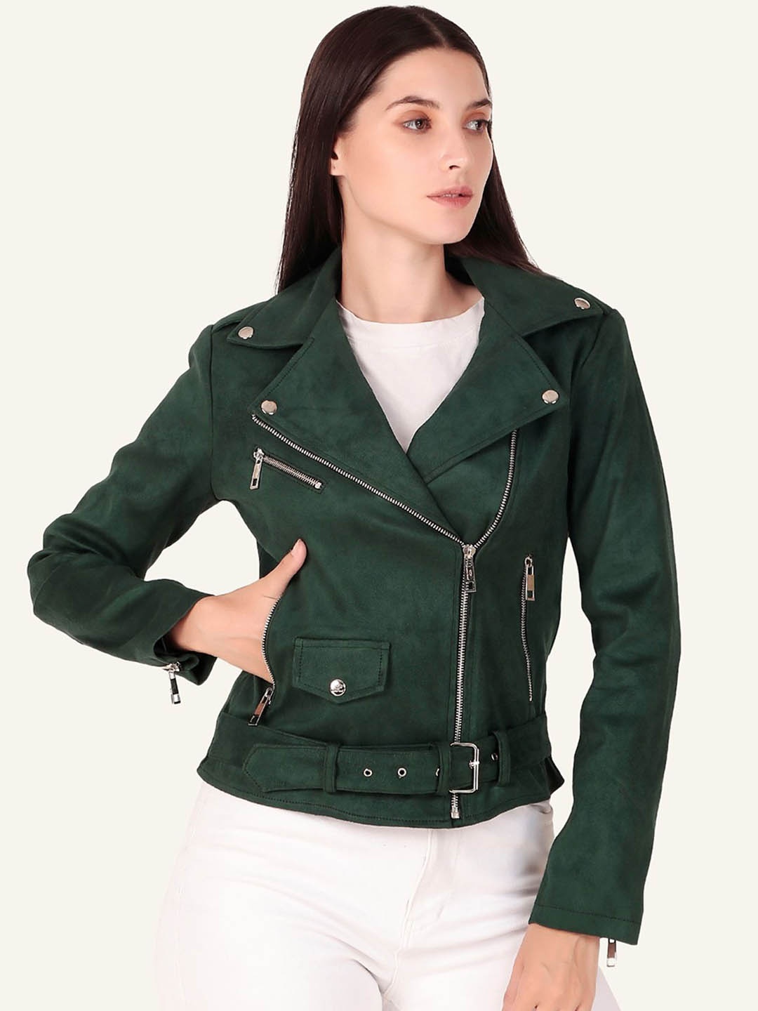 

Leather Retail Women Lapel Collar Solid Casual Biker Jacket, Green