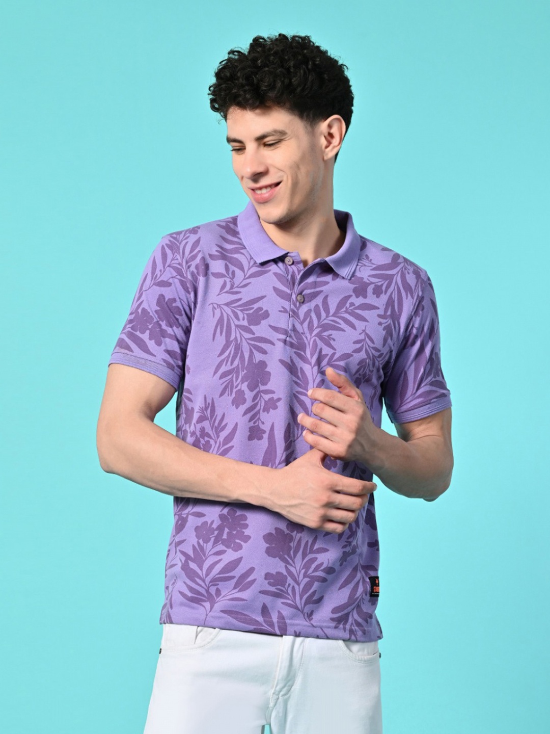 

STARFOX Men Floral Printed Polo Collar Cotton Slim Fit T-shirt, Lavender