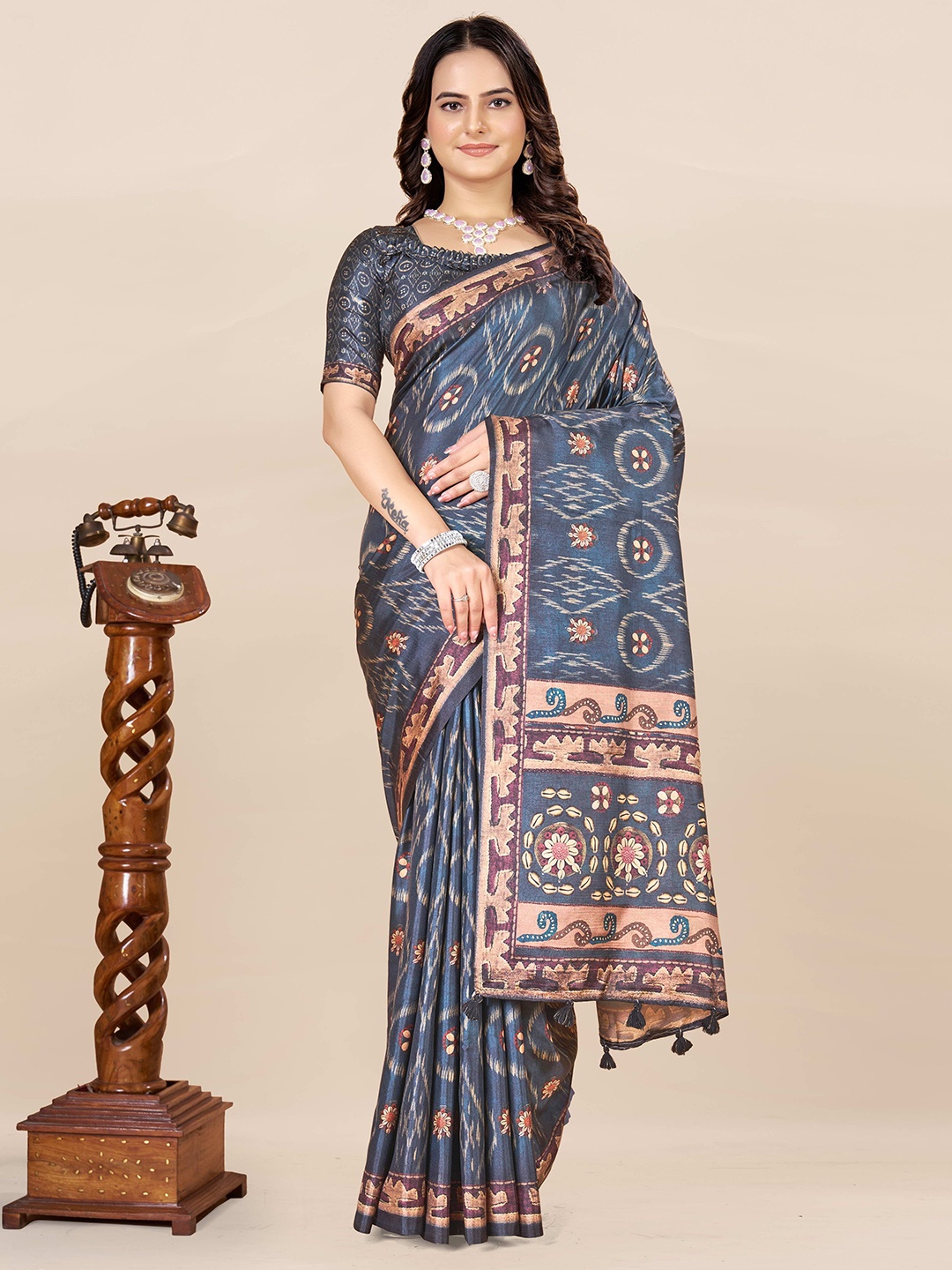 

ETHNIC TODAY Woven Design Zari Art Silk Ikat Saree, Navy blue