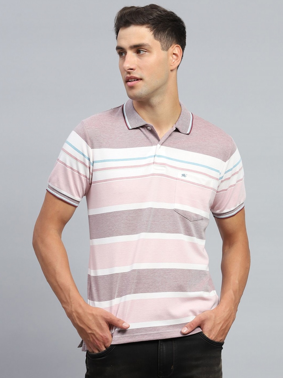 

Monte Carlo Men Striped Polo Collar Cotton T-shirt, Peach